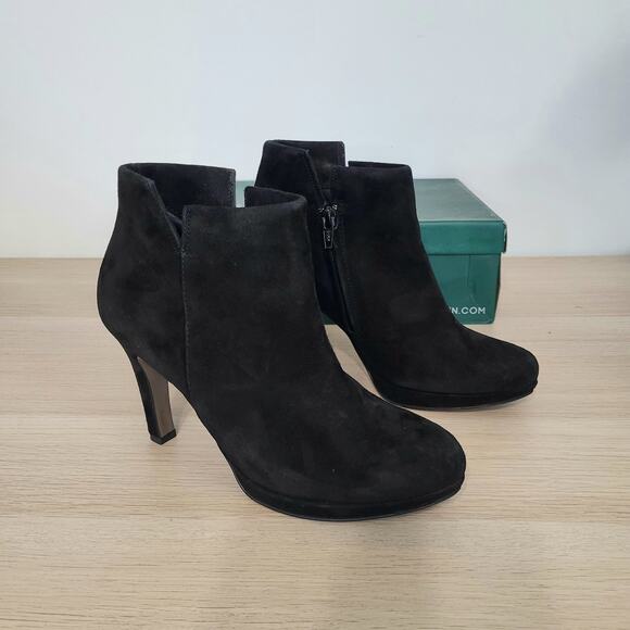Paul Green Suave Notched High Heel Booties Black Boots Suede Soft Side Zip 6 - Picture 1 of 10